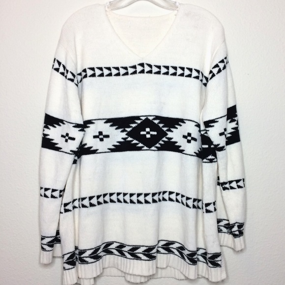 Oversized Vintage sweater long sleeve v neck tribal Aztec boho jumper 90’s print - Picture 3 of 8